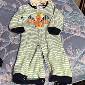 Green and Navy Striped Kids Bodysuit with Turkey Design